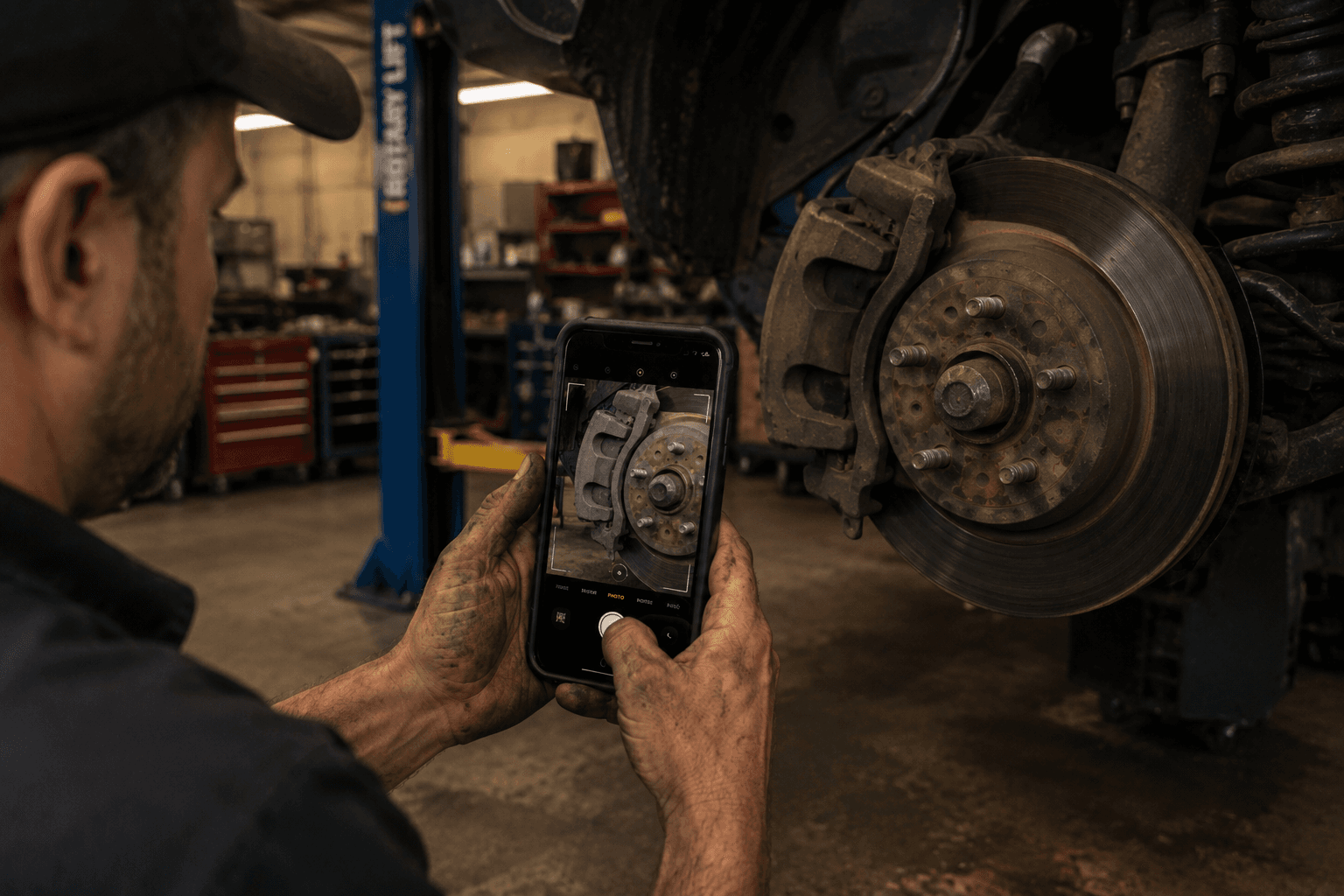 A mechanic photographing a brake rotor with a phone to document a vehicle inspection