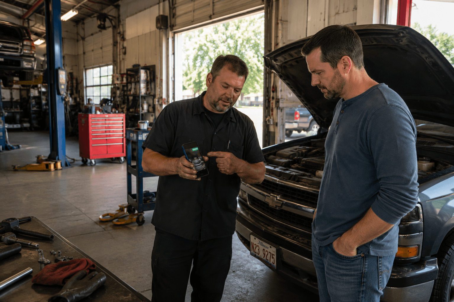 Two mechanics reviewing an inspection photo together on a phone in a repair shop
